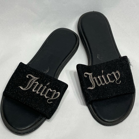 women’s size 7 Juicy Couture black fuzzy slides with gold embroidery, good cond - Picture 2 of 6